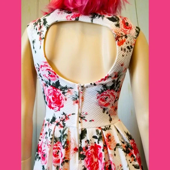 🌹Retro Glam Flirty Floral Garden Print Fit & Flare Babydoll Mini Dress - Picture 6 of 10